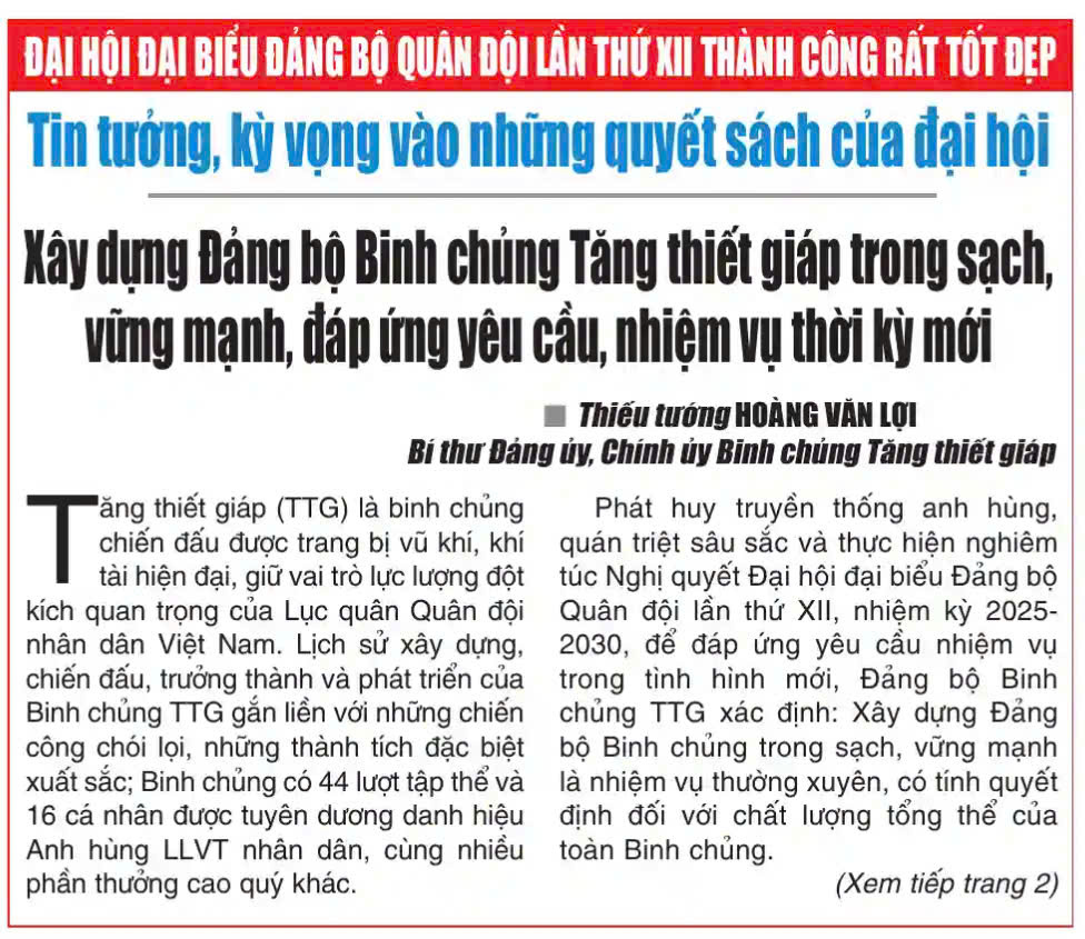 Xây dựng Đảng bộ Binh chủng Tăng thiết giáp trong sạch, vững mạnh, đáp ứng yêu cầu, nhiệm vụ thời kỳ mới